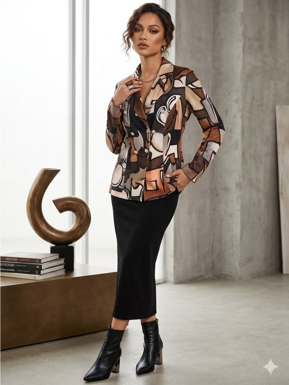 SHEIN Women's Abstract Graphic Print Blazer Jacket Button Front Earth Tone - Picture 1 of 16